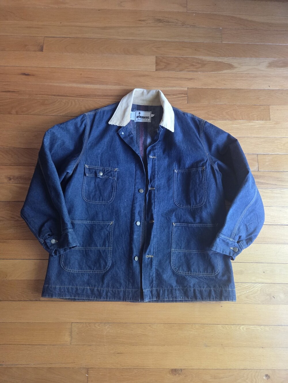 Vintage Made In USA Men's Indigo Denim Work Jacket Cream Corduroy Collar